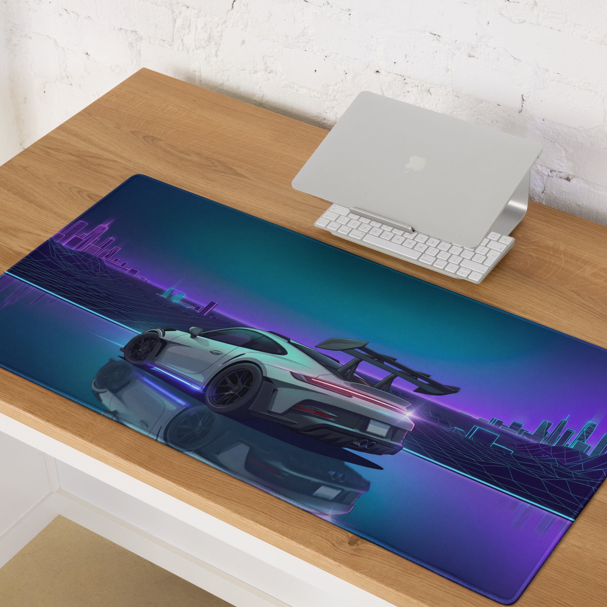 Porsche 911 GT3 RS Inspired Silver Purple Vaporwave Gaming Mouse Pad – Neon Cyber City Grid Desk Mat, Retro Futuristic Sports Car Digital Artwork