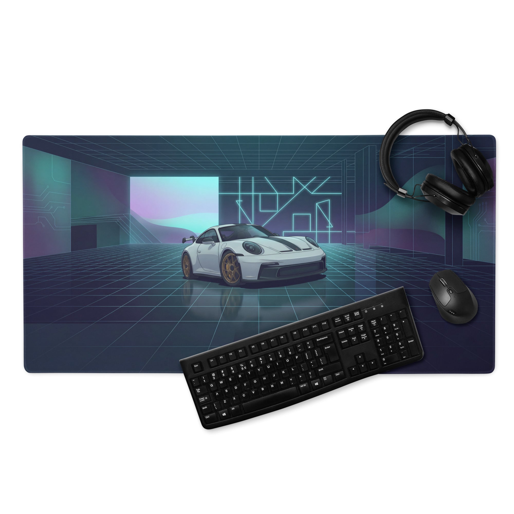Porsche 911 GT3 Touring Inspired White Blue Vaporwave Gaming Mouse Pad – Neon Futuristic Garage Desk Mat, Retro Sports Car Digital Artwork