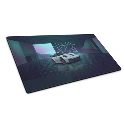 Porsche 911 GT3 Touring Inspired White Blue Vaporwave Gaming Mouse Pad – Neon Futuristic Garage Desk Mat, Retro Sports Car Digital Artwork