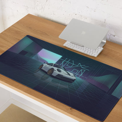 Porsche 911 GT3 Touring Inspired White Blue Vaporwave Gaming Mouse Pad – Neon Futuristic Garage Desk Mat, Retro Sports Car Digital Artwork