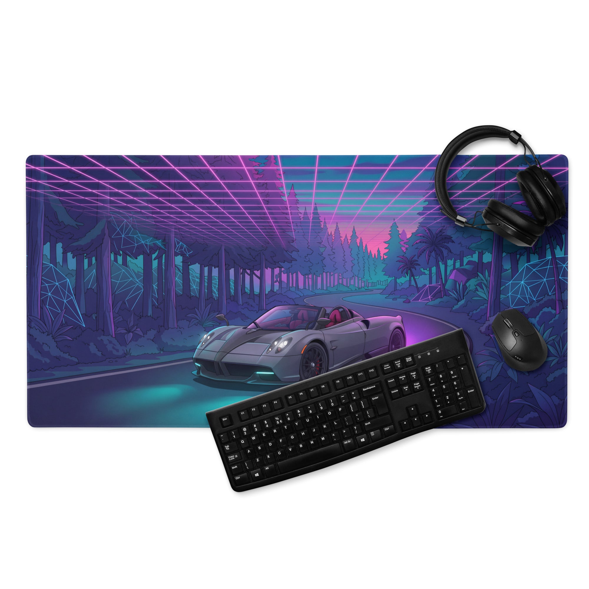 Pagani Huayra Roadster Inspired Silver Purple Vaporwave Gaming Mouse Pad – Neon Forest Road Desk Mat, Retro Futuristic Hypercar Digital Artwork