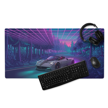 Pagani Huayra Roadster Inspired Silver Purple Vaporwave Gaming Mouse Pad – Neon Forest Road Desk Mat, Retro Futuristic Hypercar Digital Artwork