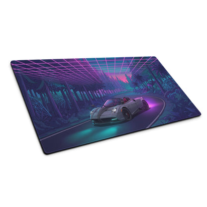 Pagani Huayra Roadster Inspired Silver Purple Vaporwave Gaming Mouse Pad – Neon Forest Road Desk Mat, Retro Futuristic Hypercar Digital Artwork