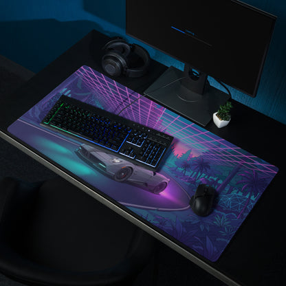 Pagani Huayra Roadster Inspired Silver Purple Vaporwave Gaming Mouse Pad – Neon Forest Road Desk Mat, Retro Futuristic Hypercar Digital Artwork