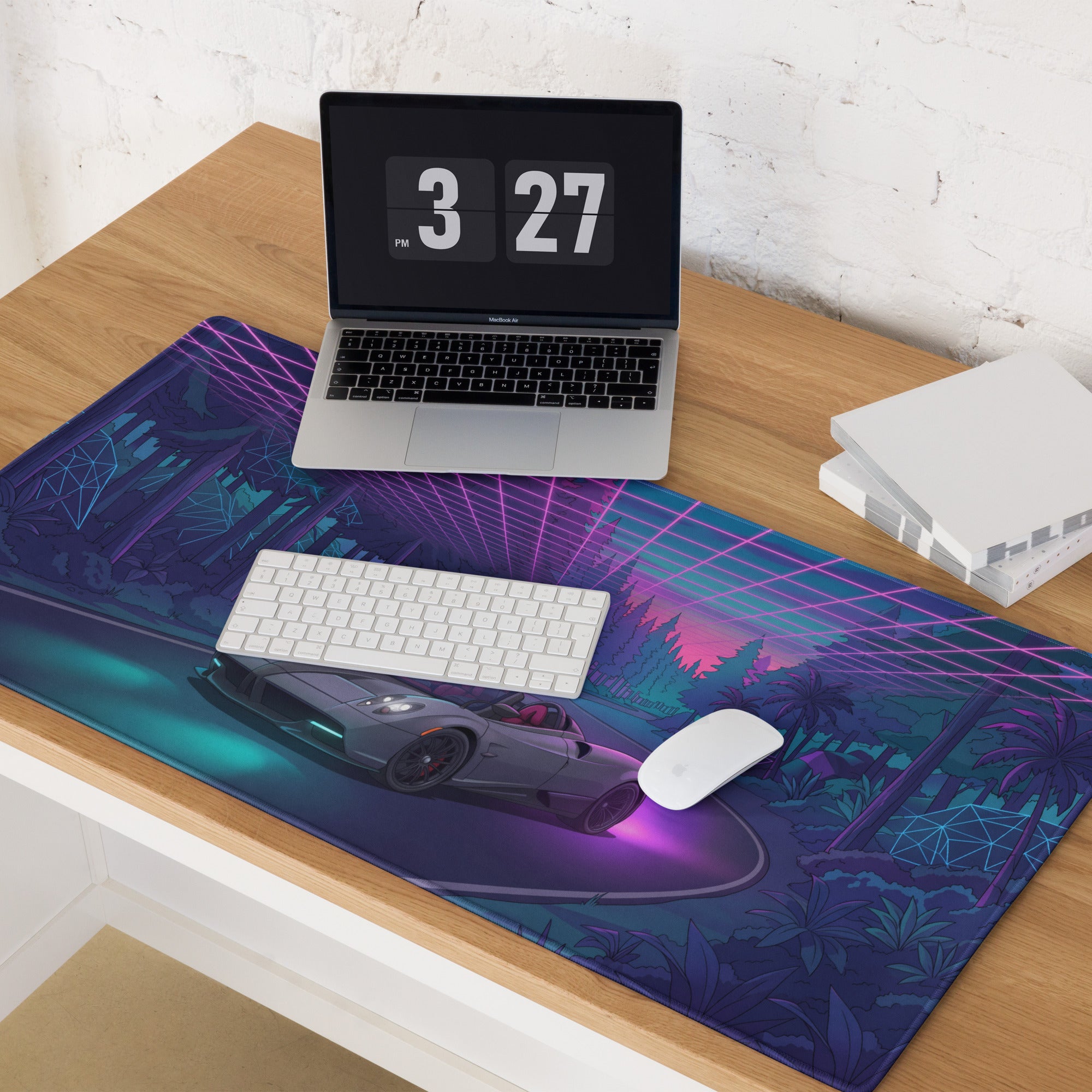 Pagani Huayra Roadster Inspired Silver Purple Vaporwave Gaming Mouse Pad – Neon Forest Road Desk Mat, Retro Futuristic Hypercar Digital Artwork