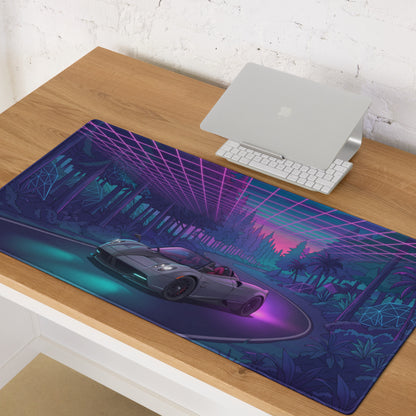 Pagani Huayra Roadster Inspired Silver Purple Vaporwave Gaming Mouse Pad – Neon Forest Road Desk Mat, Retro Futuristic Hypercar Digital Artwork