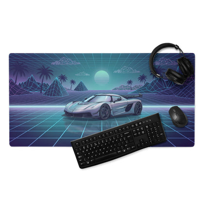 Koenigsegg Jesko Inspired Silver Blue Vaporwave Gaming Mouse Pad – Retro Futuristic Grid Desk Mat with Neon Mountains and Synthwave Supercar Art