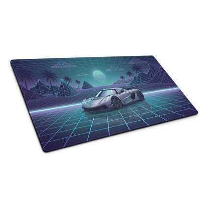 Koenigsegg Jesko Inspired Silver Blue Vaporwave Gaming Mouse Pad – Retro Futuristic Grid Desk Mat with Neon Mountains and Synthwave Supercar Art