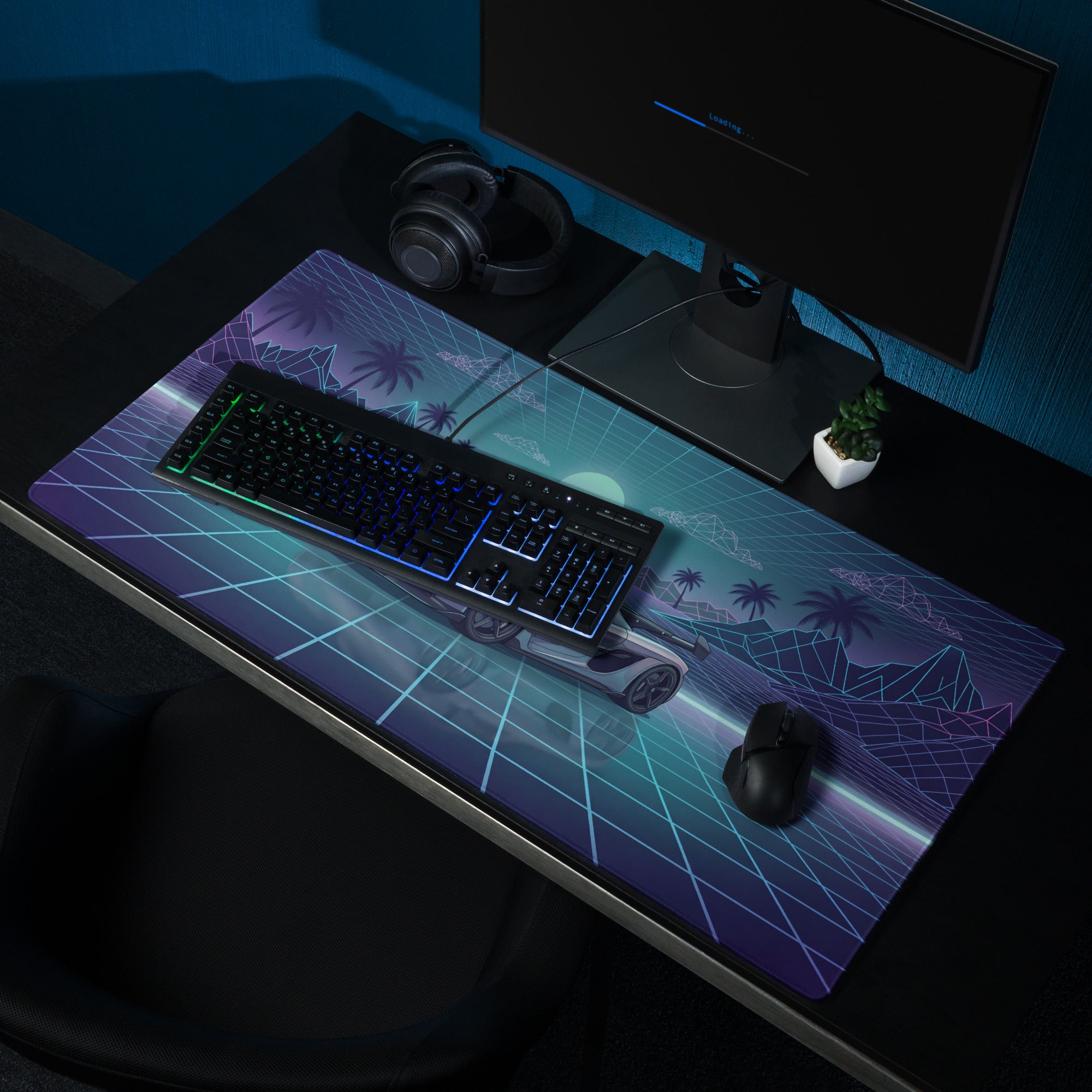 Koenigsegg Jesko Inspired Silver Blue Vaporwave Gaming Mouse Pad – Retro Futuristic Grid Desk Mat with Neon Mountains and Synthwave Supercar Art