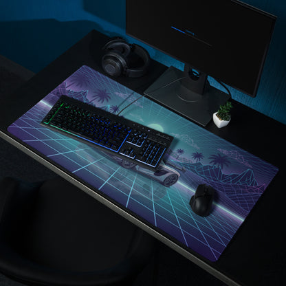 Koenigsegg Jesko Inspired Silver Blue Vaporwave Gaming Mouse Pad – Retro Futuristic Grid Desk Mat with Neon Mountains and Synthwave Supercar Art