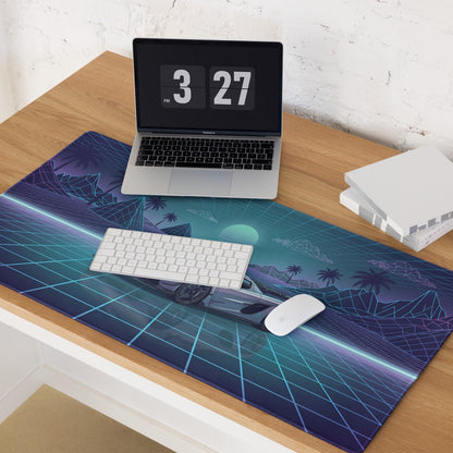 Koenigsegg Jesko Inspired Silver Blue Vaporwave Gaming Mouse Pad – Retro Futuristic Grid Desk Mat with Neon Mountains and Synthwave Supercar Art