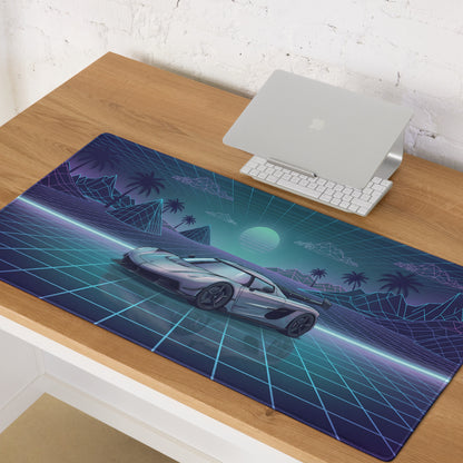 Koenigsegg Jesko Inspired Silver Blue Vaporwave Gaming Mouse Pad – Retro Futuristic Grid Desk Mat with Neon Mountains and Synthwave Supercar Art