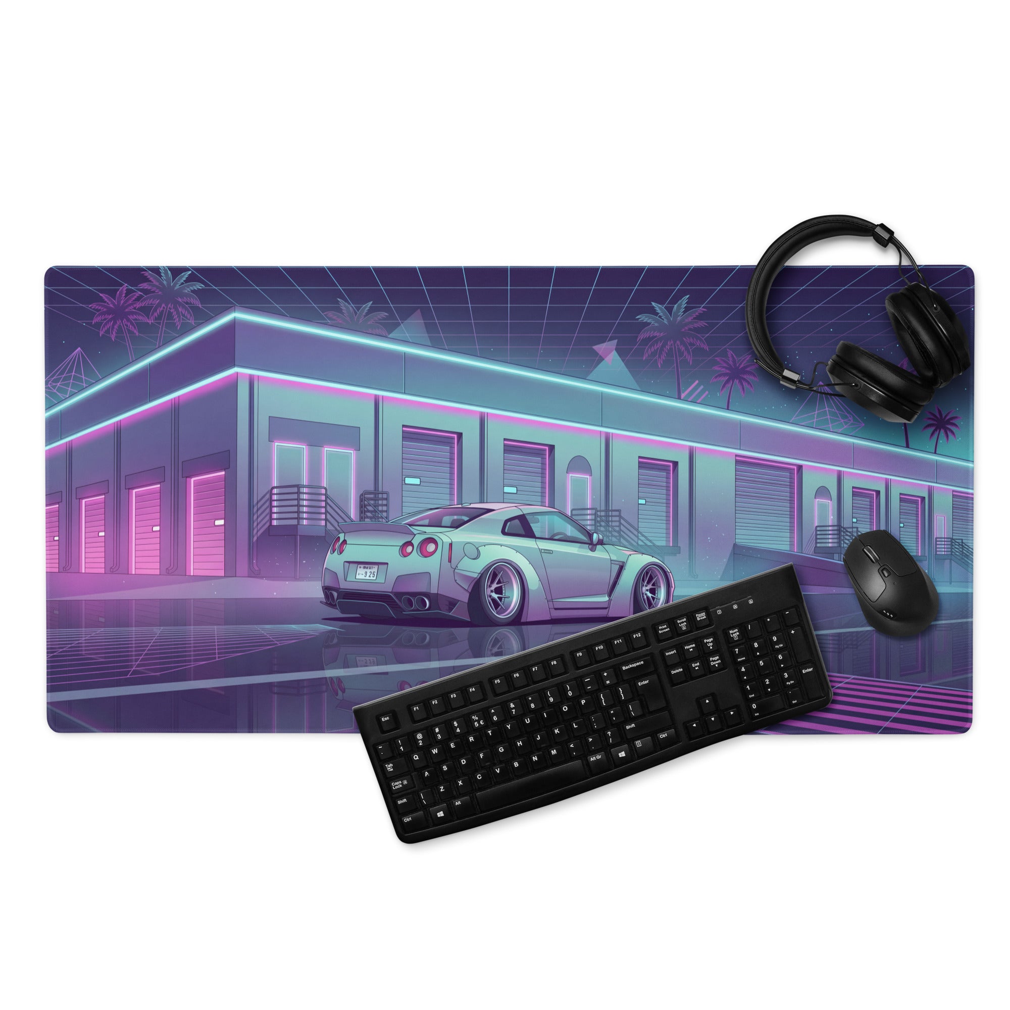 Nissan GT-R R35 Inspired Silver Purple Vaporwave Gaming Mouse Pad – Neon JDM Garage Desk Mat with Cyberpunk Nightscape and Reflective Synthwave Art