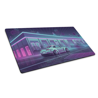 Nissan GT-R R35 Inspired Silver Purple Vaporwave Gaming Mouse Pad – Neon JDM Garage Desk Mat with Cyberpunk Nightscape and Reflective Synthwave Art