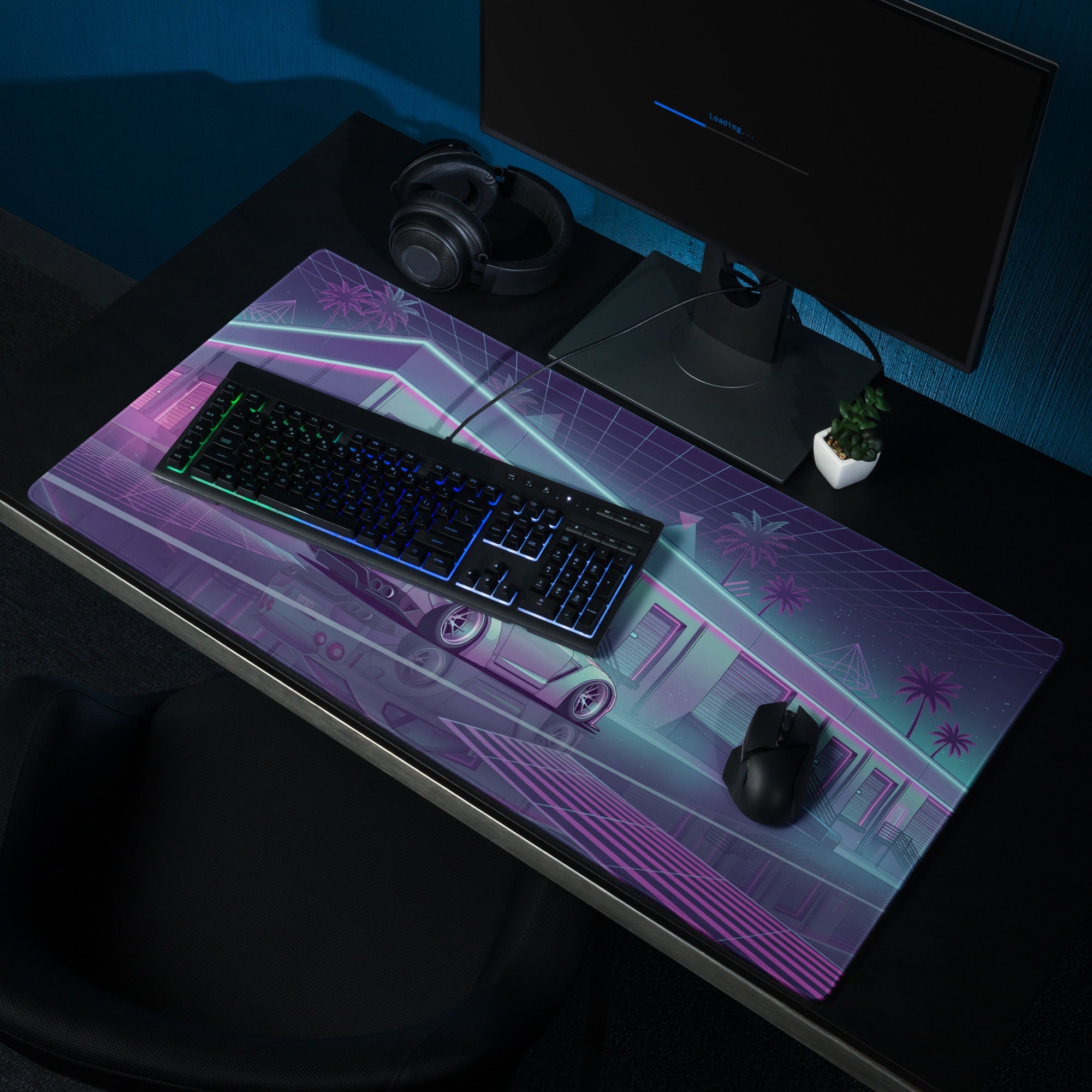 Nissan GT-R R35 Inspired Silver Purple Vaporwave Gaming Mouse Pad – Neon JDM Garage Desk Mat with Cyberpunk Nightscape and Reflective Synthwave Art