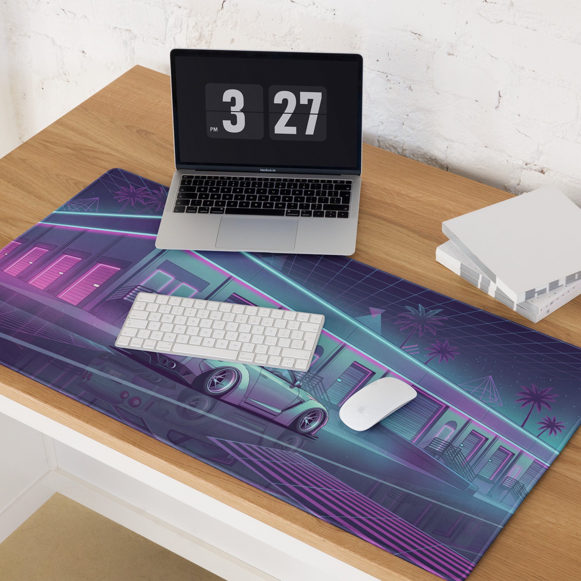 Nissan GT-R R35 Inspired Silver Purple Vaporwave Gaming Mouse Pad – Neon JDM Garage Desk Mat with Cyberpunk Nightscape and Reflective Synthwave Art