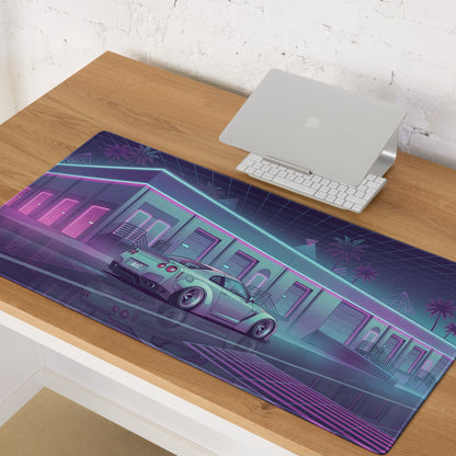 Nissan GT-R R35 Inspired Silver Purple Vaporwave Gaming Mouse Pad – Neon JDM Garage Desk Mat with Cyberpunk Nightscape and Reflective Synthwave Art