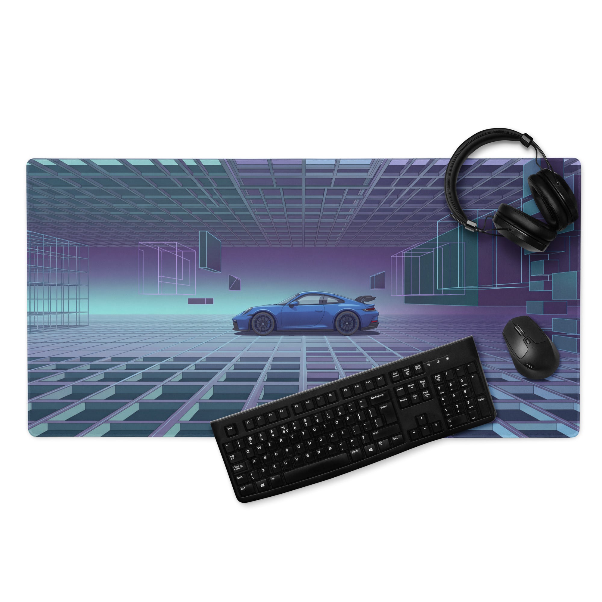 Porsche 911 GT3 RS Inspired Blue Purple Vaporwave Gaming Mouse Pad – Futuristic Grid Desk Mat with Geometric Cyberpunk Architecture and Synthwave Art