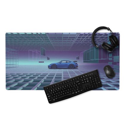 Porsche 911 GT3 RS Inspired Blue Purple Vaporwave Gaming Mouse Pad – Futuristic Grid Desk Mat with Geometric Cyberpunk Architecture and Synthwave Art