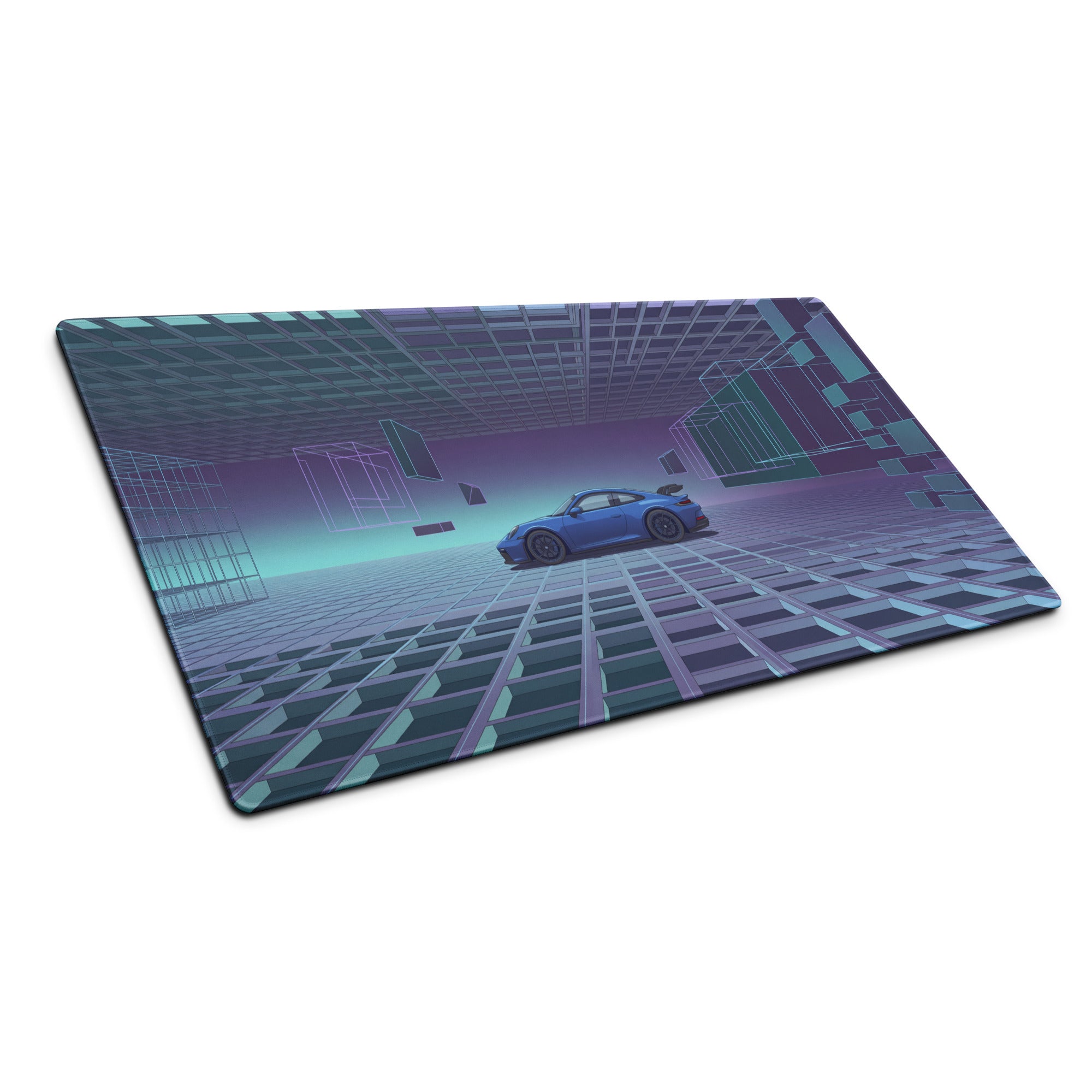 Porsche 911 GT3 RS Inspired Blue Purple Vaporwave Gaming Mouse Pad – Futuristic Grid Desk Mat with Geometric Cyberpunk Architecture and Synthwave Art