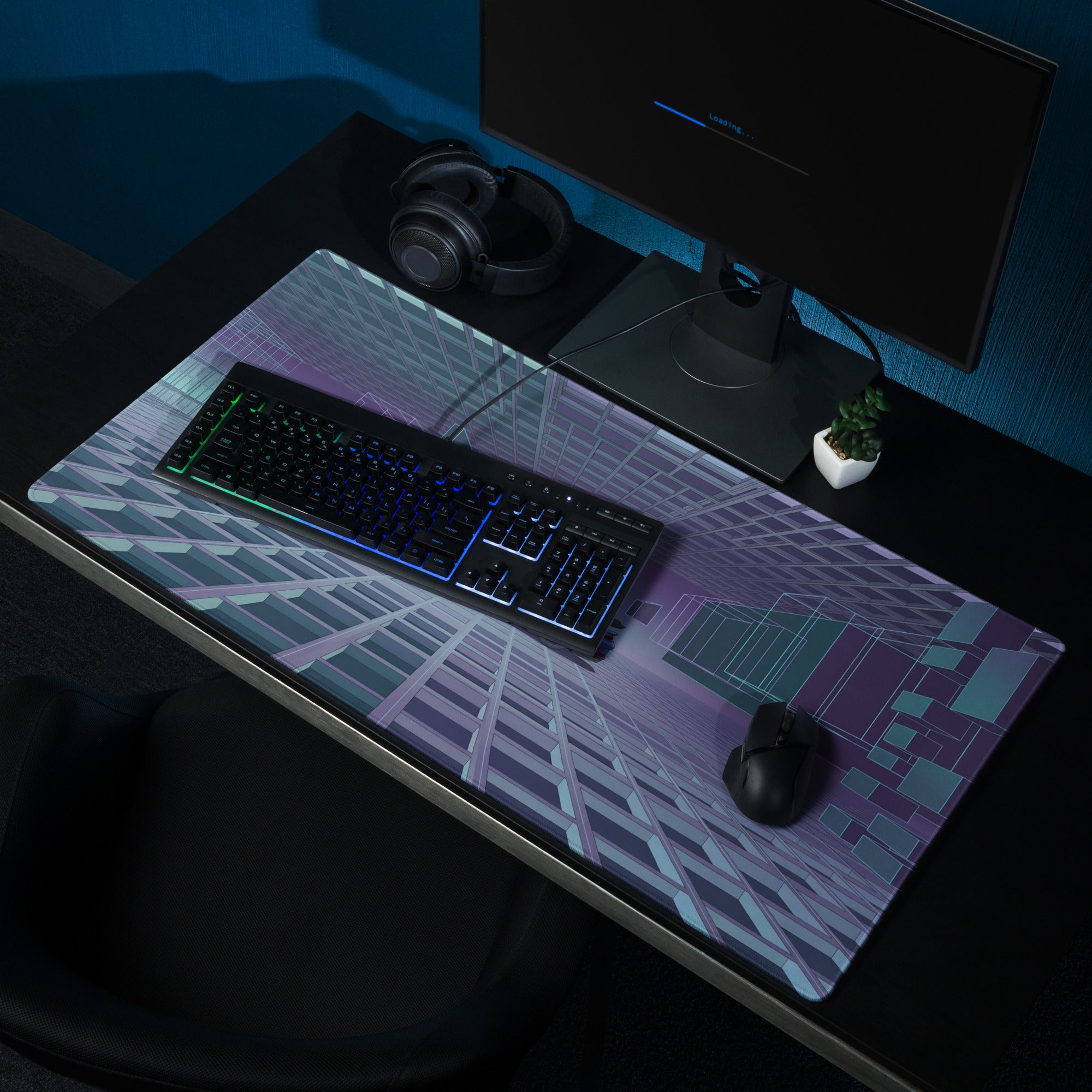 Porsche 911 GT3 RS Inspired Blue Purple Vaporwave Gaming Mouse Pad – Futuristic Grid Desk Mat with Geometric Cyberpunk Architecture and Synthwave Art