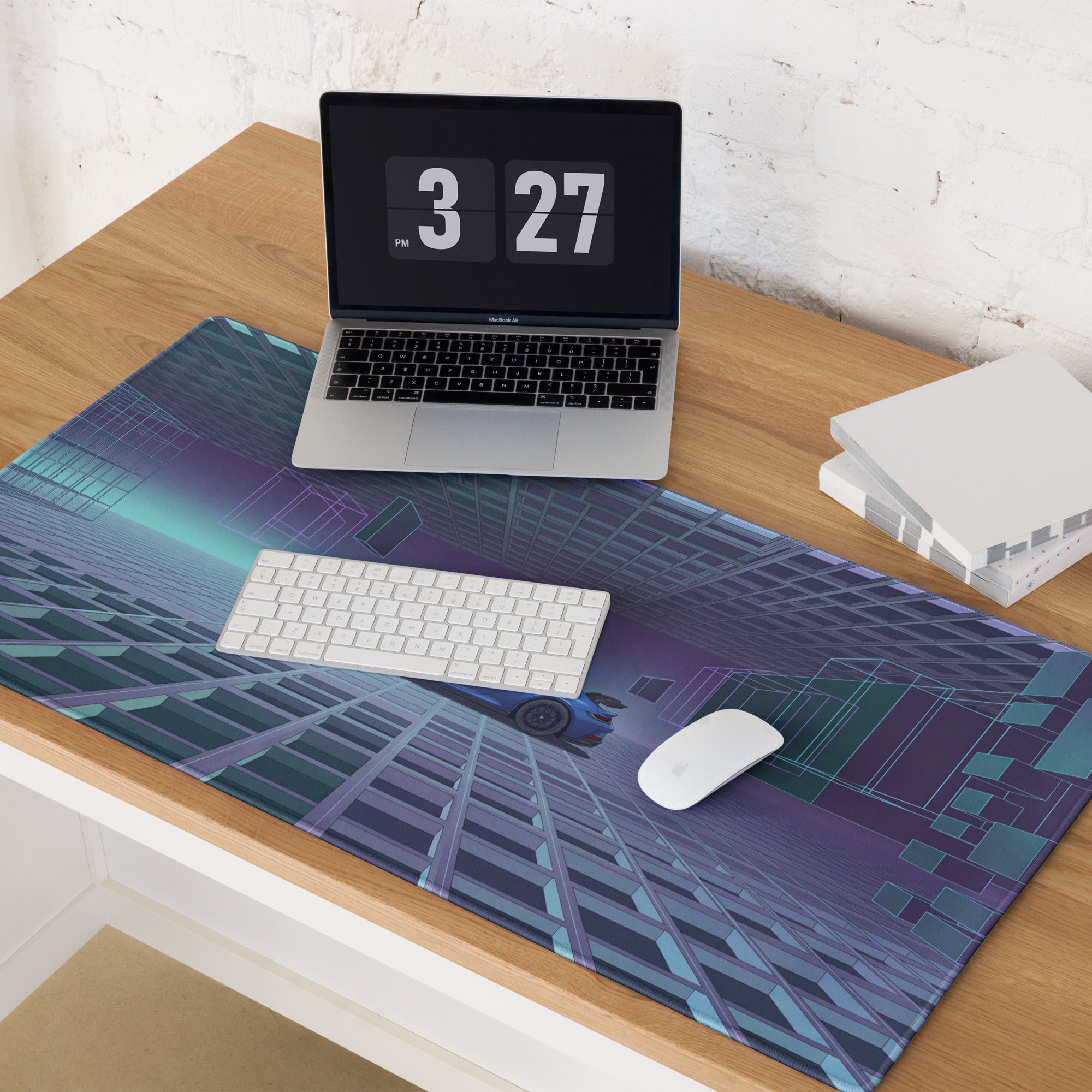 Porsche 911 GT3 RS Inspired Blue Purple Vaporwave Gaming Mouse Pad – Futuristic Grid Desk Mat with Geometric Cyberpunk Architecture and Synthwave Art