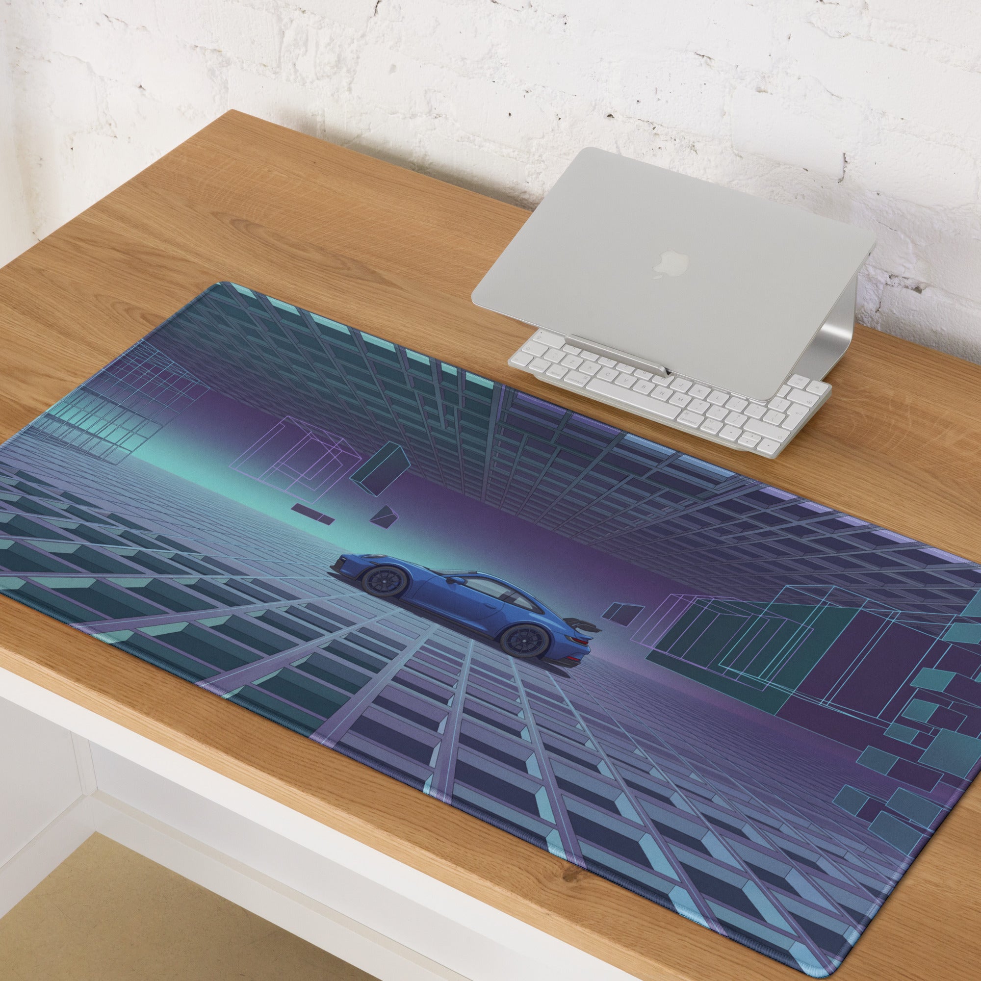 Porsche 911 GT3 RS Inspired Blue Purple Vaporwave Gaming Mouse Pad – Futuristic Grid Desk Mat with Geometric Cyberpunk Architecture and Synthwave Art