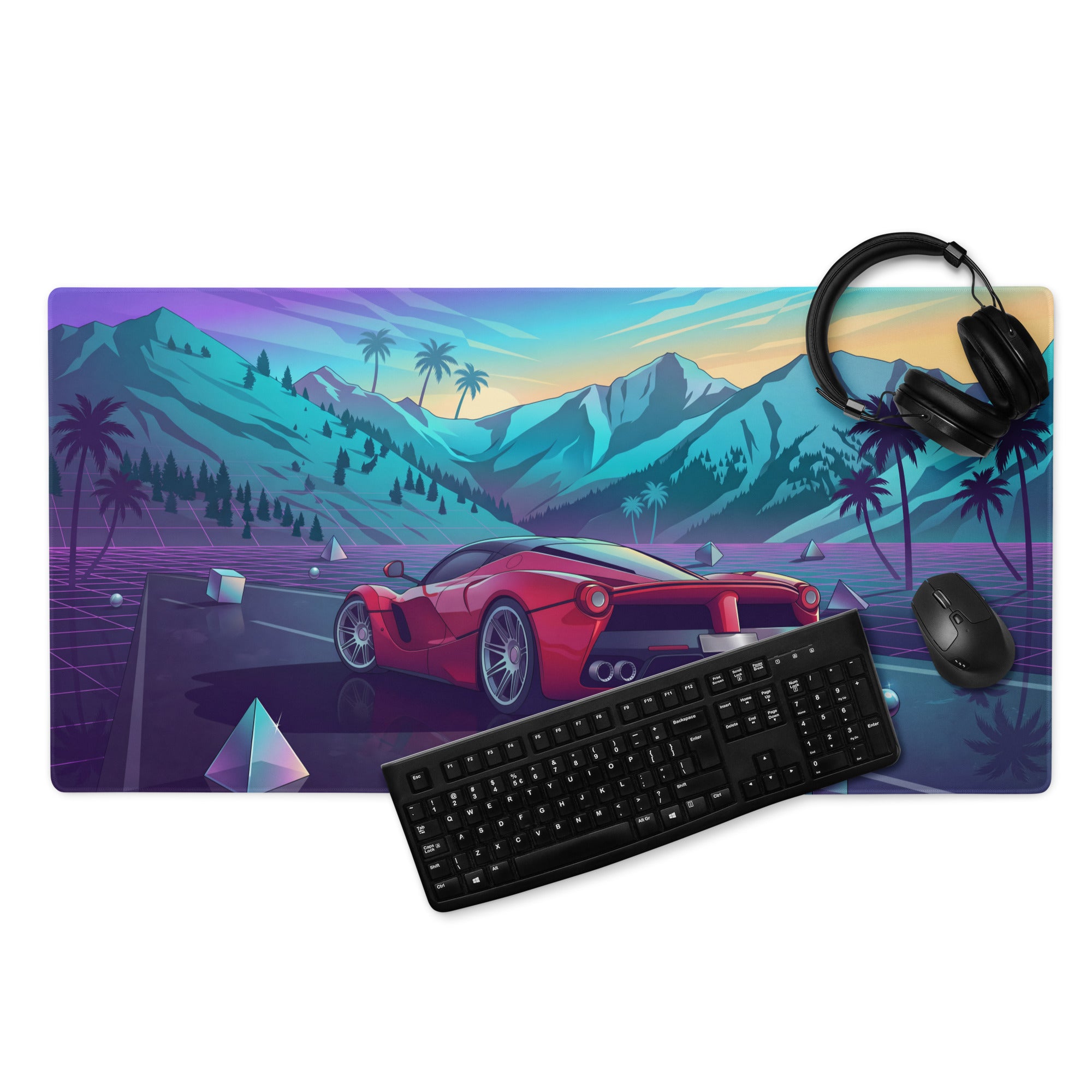 Ferrari LaFerrari Inspired Red Purple Vaporwave Gaming Mouse Pad – Neon Mountain Sunset Desk Mat with Retro Futuristic Palm Trees and Synthwave Supercar Art
