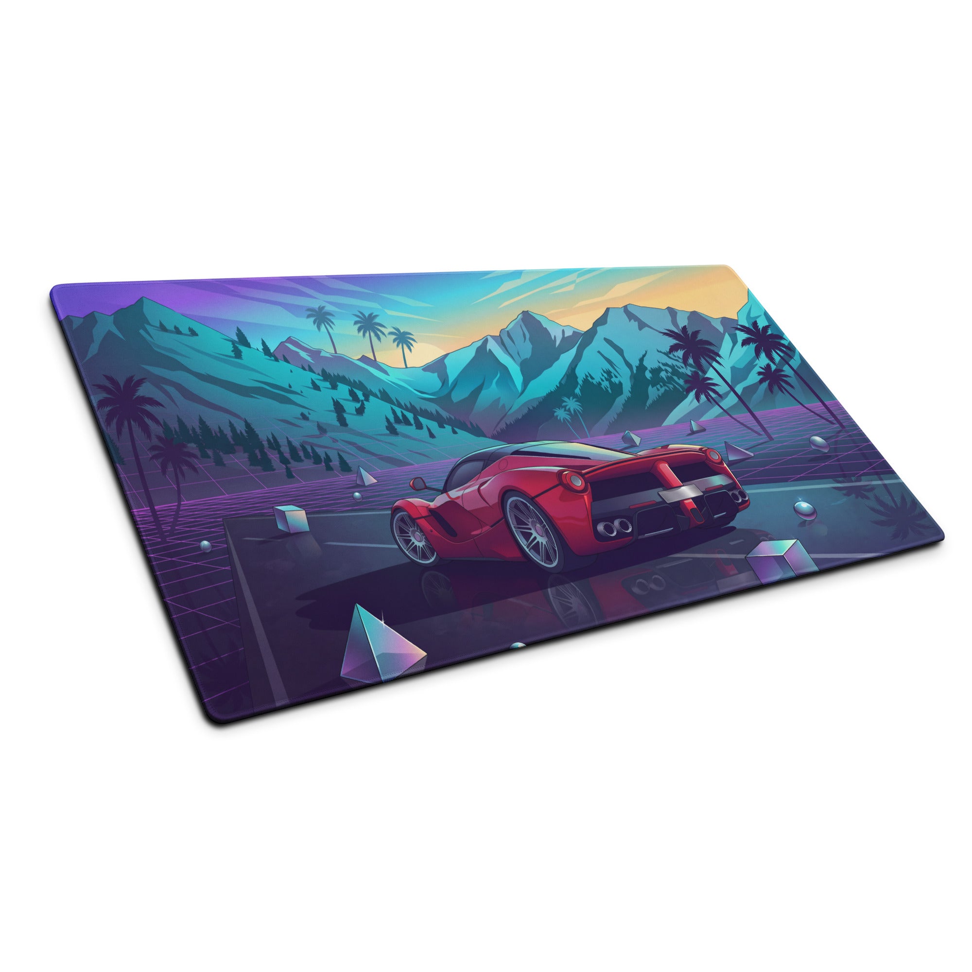 Ferrari LaFerrari Inspired Red Purple Vaporwave Gaming Mouse Pad – Neon Mountain Sunset Desk Mat with Retro Futuristic Palm Trees and Synthwave Supercar Art