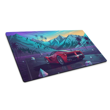 Ferrari LaFerrari Inspired Red Purple Vaporwave Gaming Mouse Pad – Neon Mountain Sunset Desk Mat with Retro Futuristic Palm Trees and Synthwave Supercar Art