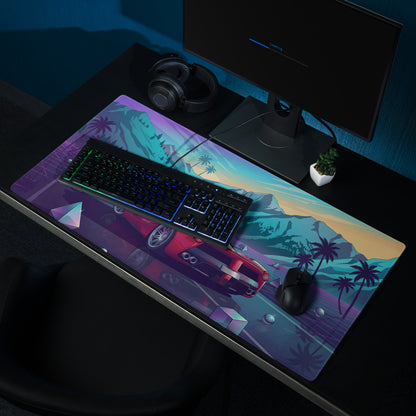 Ferrari LaFerrari Inspired Red Purple Vaporwave Gaming Mouse Pad – Neon Mountain Sunset Desk Mat with Retro Futuristic Palm Trees and Synthwave Supercar Art