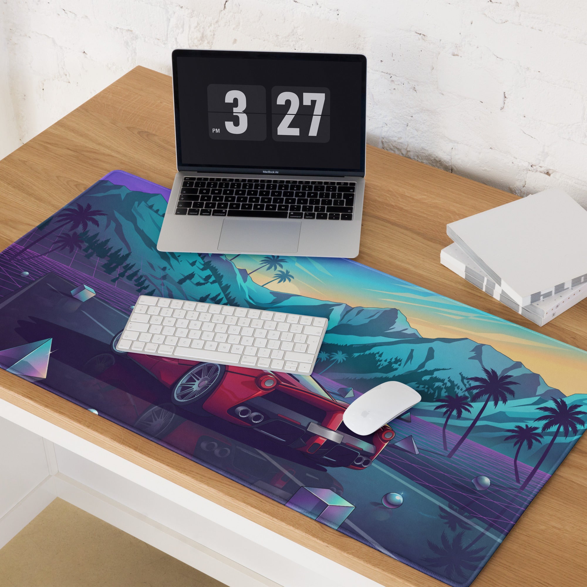 Ferrari LaFerrari Inspired Red Purple Vaporwave Gaming Mouse Pad – Neon Mountain Sunset Desk Mat with Retro Futuristic Palm Trees and Synthwave Supercar Art