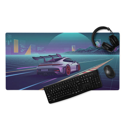 Porsche 911 GT3 RS Inspired Silver Purple Vaporwave Gaming Mouse Pad – Neon Racetrack Desk Mat with Retro Futuristic Grid and Synthwave Motorsport Art