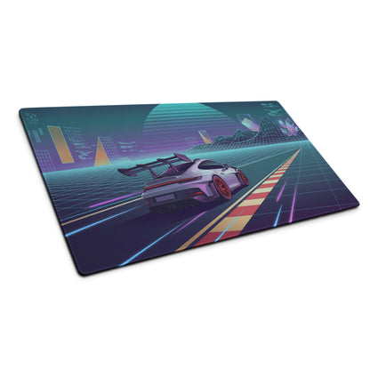 Porsche 911 GT3 RS Inspired Silver Purple Vaporwave Gaming Mouse Pad – Neon Racetrack Desk Mat with Retro Futuristic Grid and Synthwave Motorsport Art
