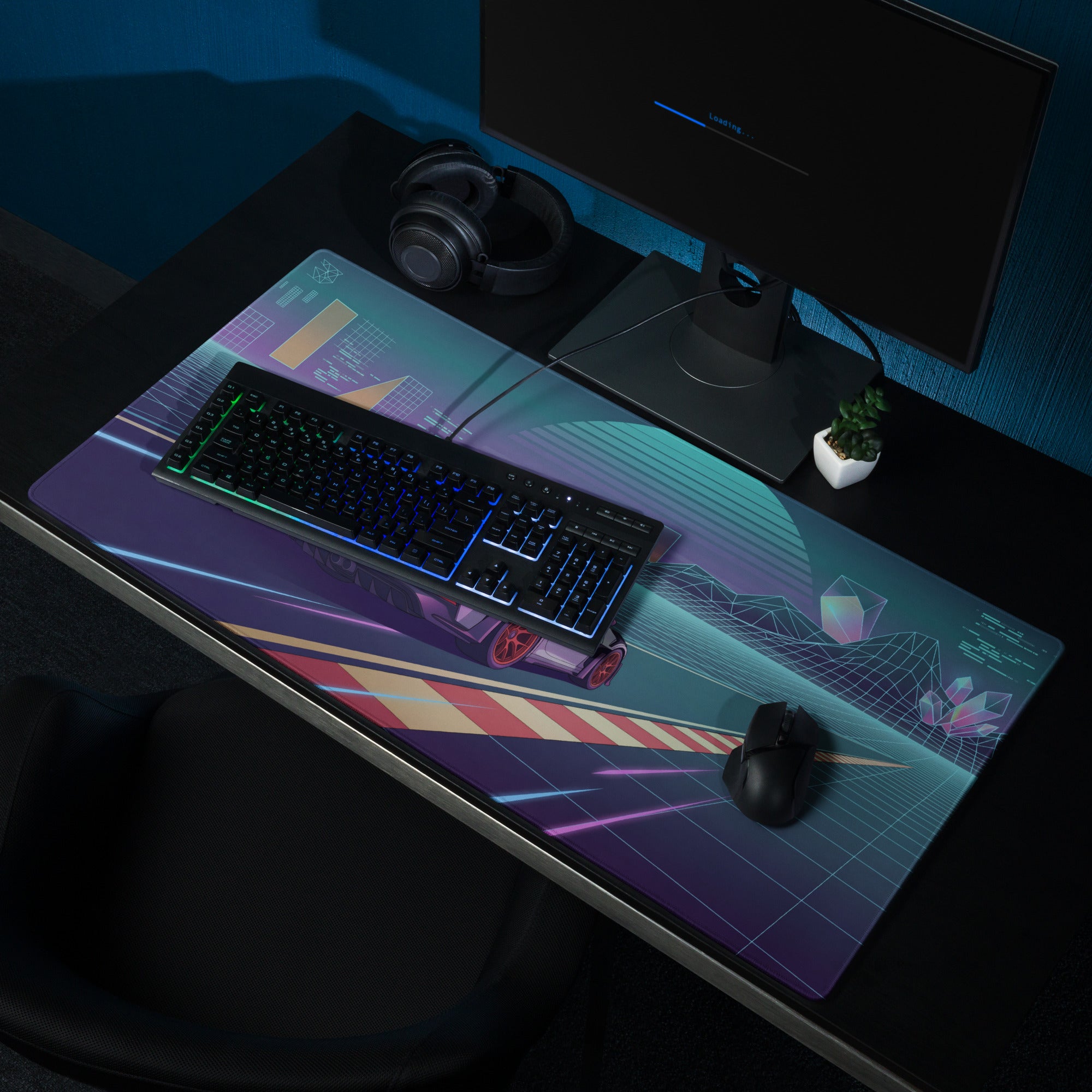 Porsche 911 GT3 RS Inspired Silver Purple Vaporwave Gaming Mouse Pad – Neon Racetrack Desk Mat with Retro Futuristic Grid and Synthwave Motorsport Art