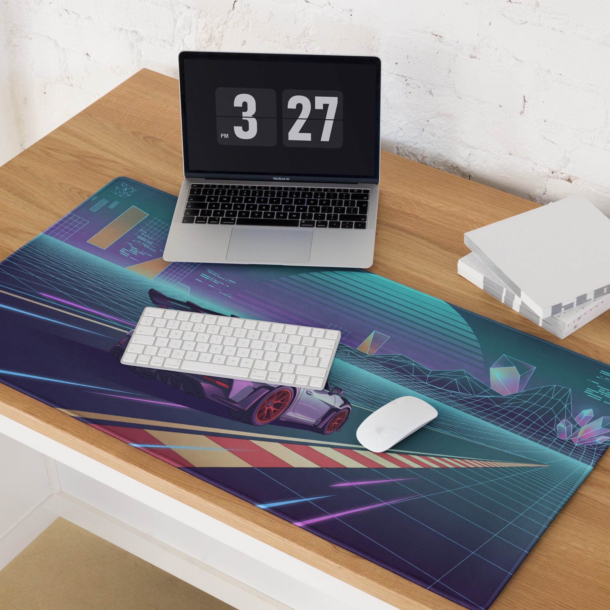 Porsche 911 GT3 RS Inspired Silver Purple Vaporwave Gaming Mouse Pad – Neon Racetrack Desk Mat with Retro Futuristic Grid and Synthwave Motorsport Art