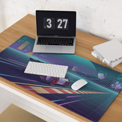 Porsche 911 GT3 RS Inspired Silver Purple Vaporwave Gaming Mouse Pad – Neon Racetrack Desk Mat with Retro Futuristic Grid and Synthwave Motorsport Art