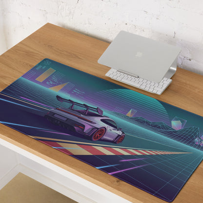Porsche 911 GT3 RS Inspired Silver Purple Vaporwave Gaming Mouse Pad – Neon Racetrack Desk Mat with Retro Futuristic Grid and Synthwave Motorsport Art