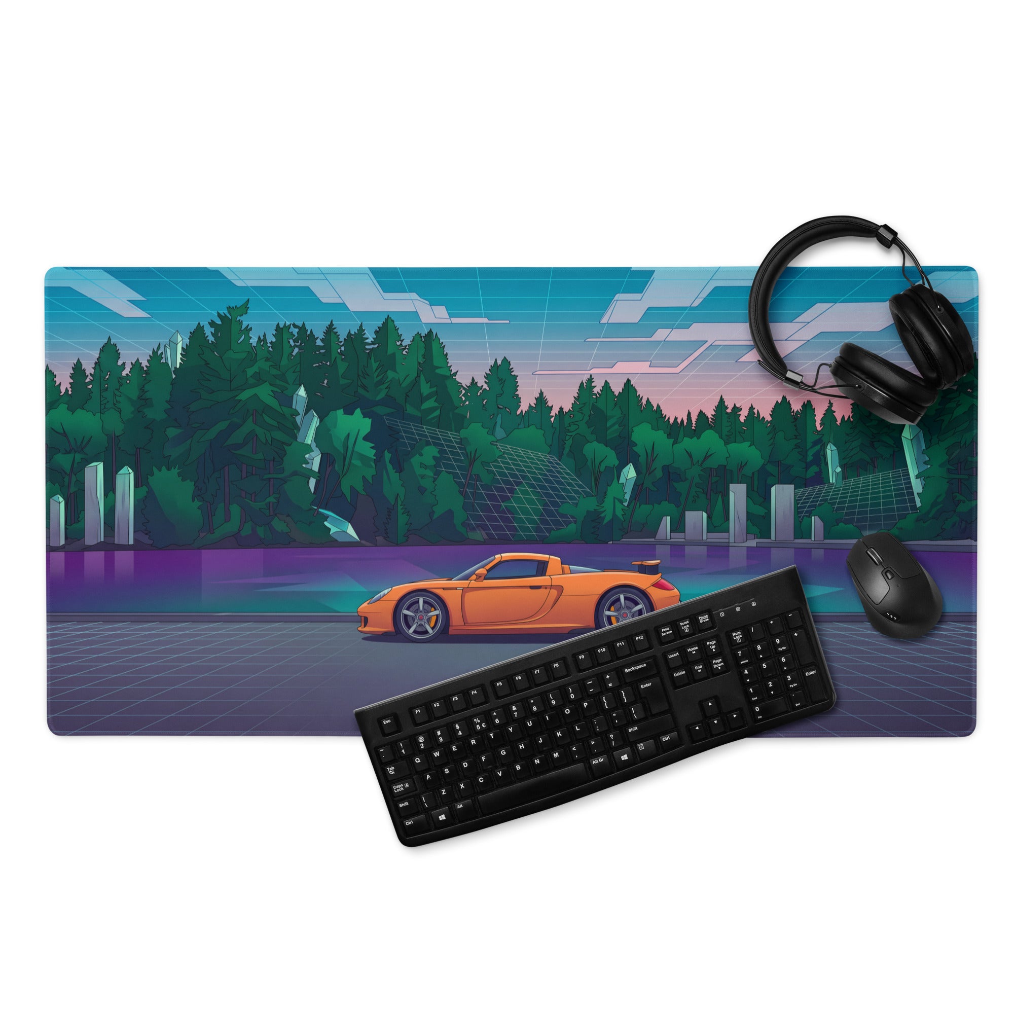 Porsche Carrera GT Inspired Orange Teal Vaporwave Gaming Mouse Pad – Retro Futuristic Forest Desk Mat with Neon Grid Landscape and Synthwave Supercar Art