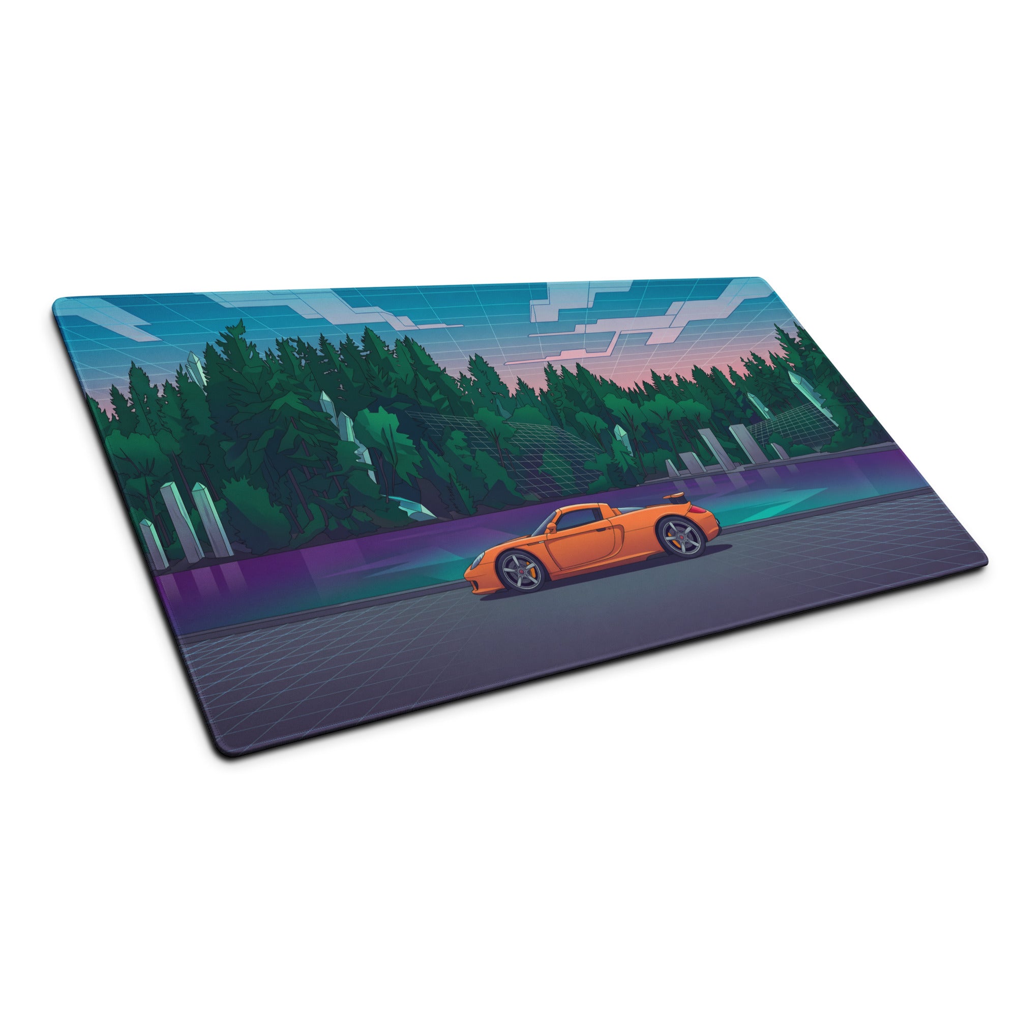Porsche Carrera GT Inspired Orange Teal Vaporwave Gaming Mouse Pad – Retro Futuristic Forest Desk Mat with Neon Grid Landscape and Synthwave Supercar Art