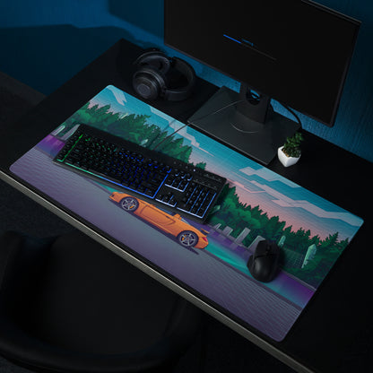 Porsche Carrera GT Inspired Orange Teal Vaporwave Gaming Mouse Pad – Retro Futuristic Forest Desk Mat with Neon Grid Landscape and Synthwave Supercar Art