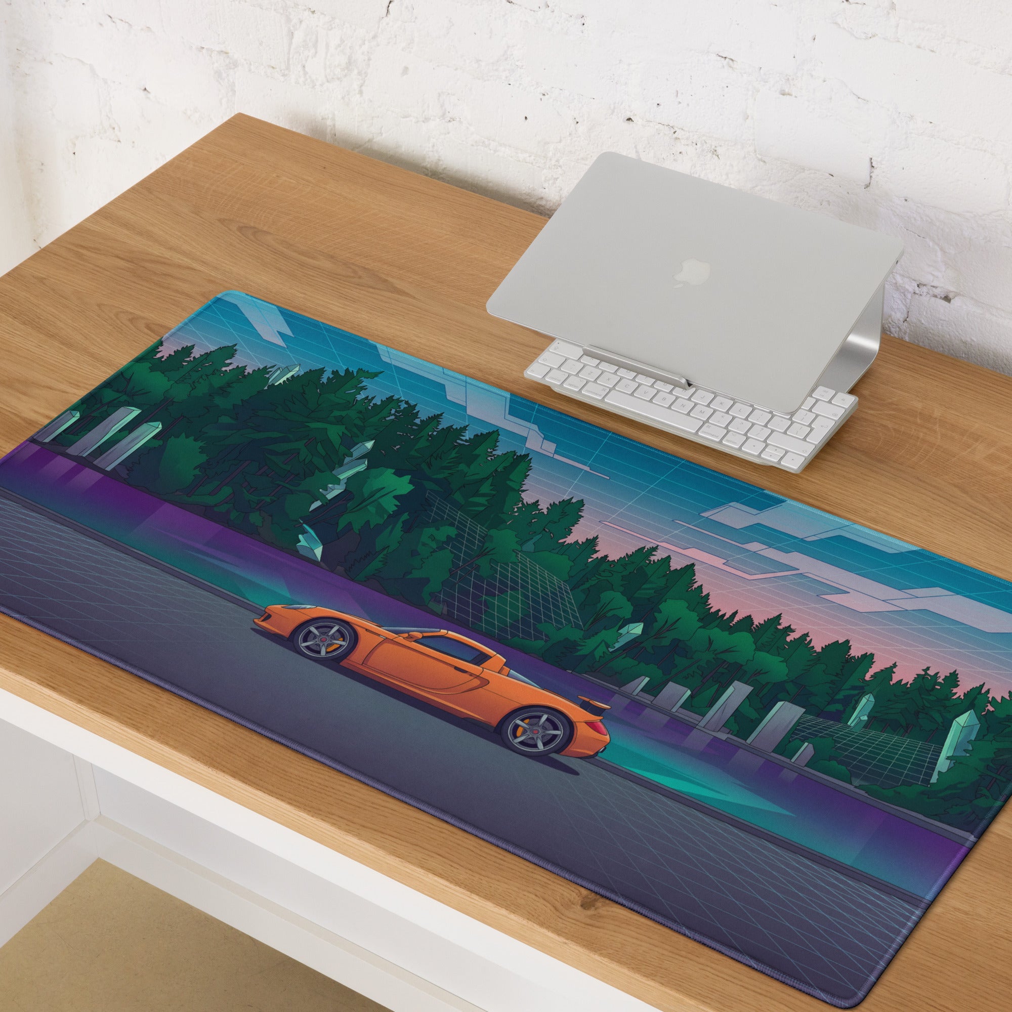 Porsche Carrera GT Inspired Orange Teal Vaporwave Gaming Mouse Pad – Retro Futuristic Forest Desk Mat with Neon Grid Landscape and Synthwave Supercar Art