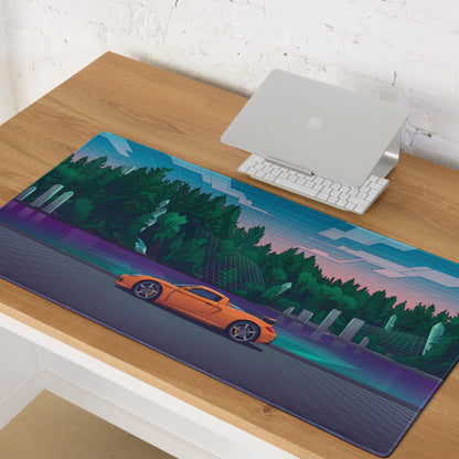 Porsche Carrera GT Inspired Orange Teal Vaporwave Gaming Mouse Pad – Retro Futuristic Forest Desk Mat with Neon Grid Landscape and Synthwave Supercar Art