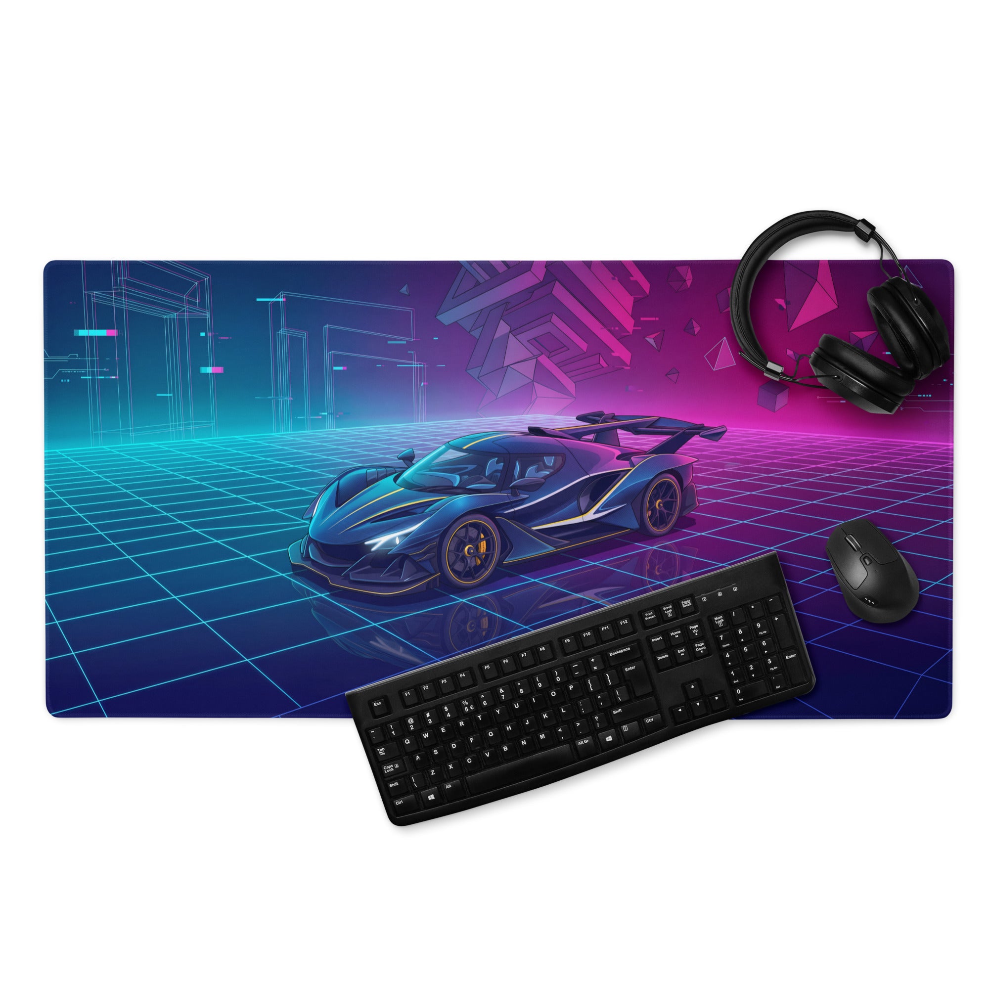 Apollo Intensa Emozione Inspired Blue Magenta Vaporwave Gaming Mouse Pad – Neon Cyberpunk Grid Desk Mat with Futuristic Geometric Hypercar Art