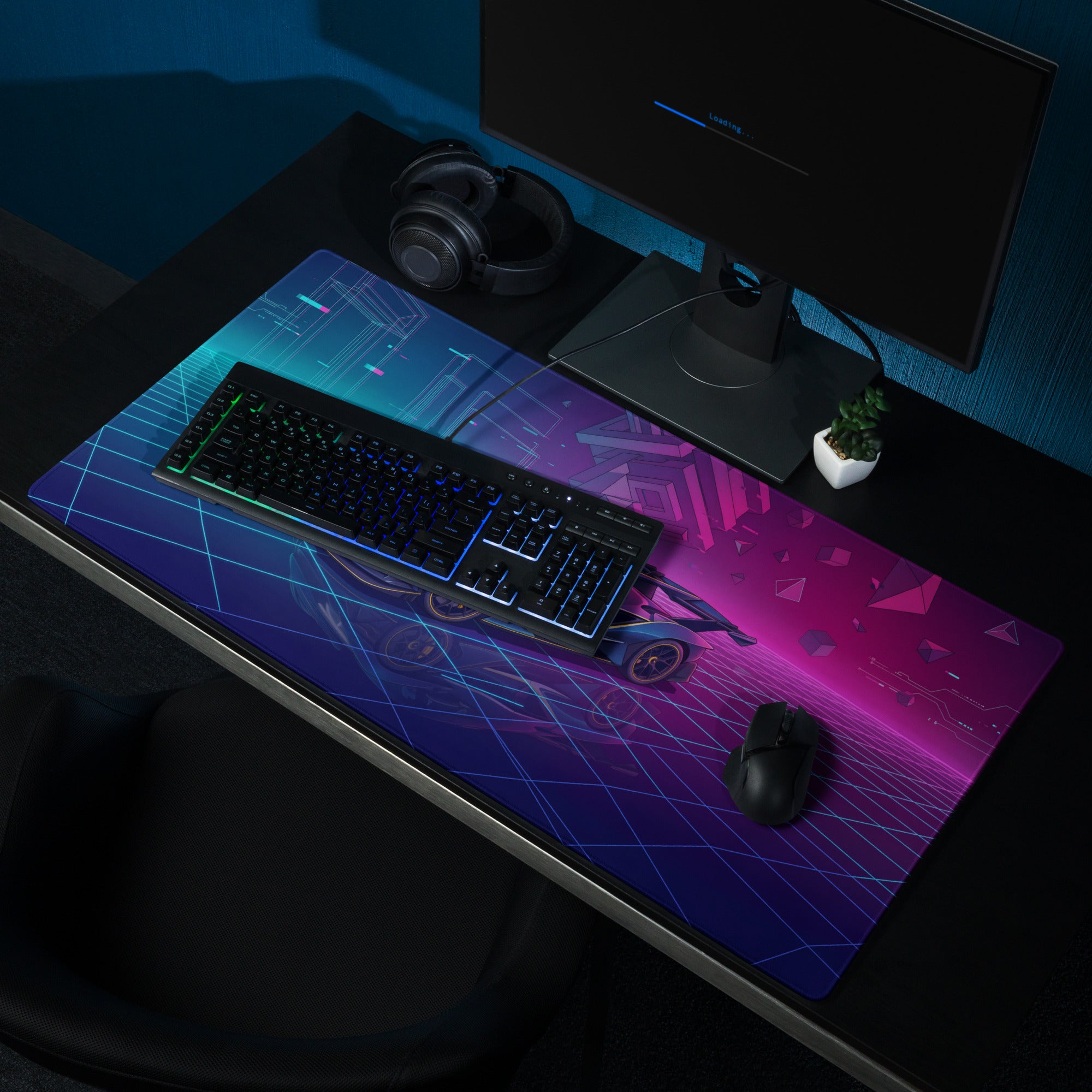 Apollo Intensa Emozione Inspired Blue Magenta Vaporwave Gaming Mouse Pad – Neon Cyberpunk Grid Desk Mat with Futuristic Geometric Hypercar Art