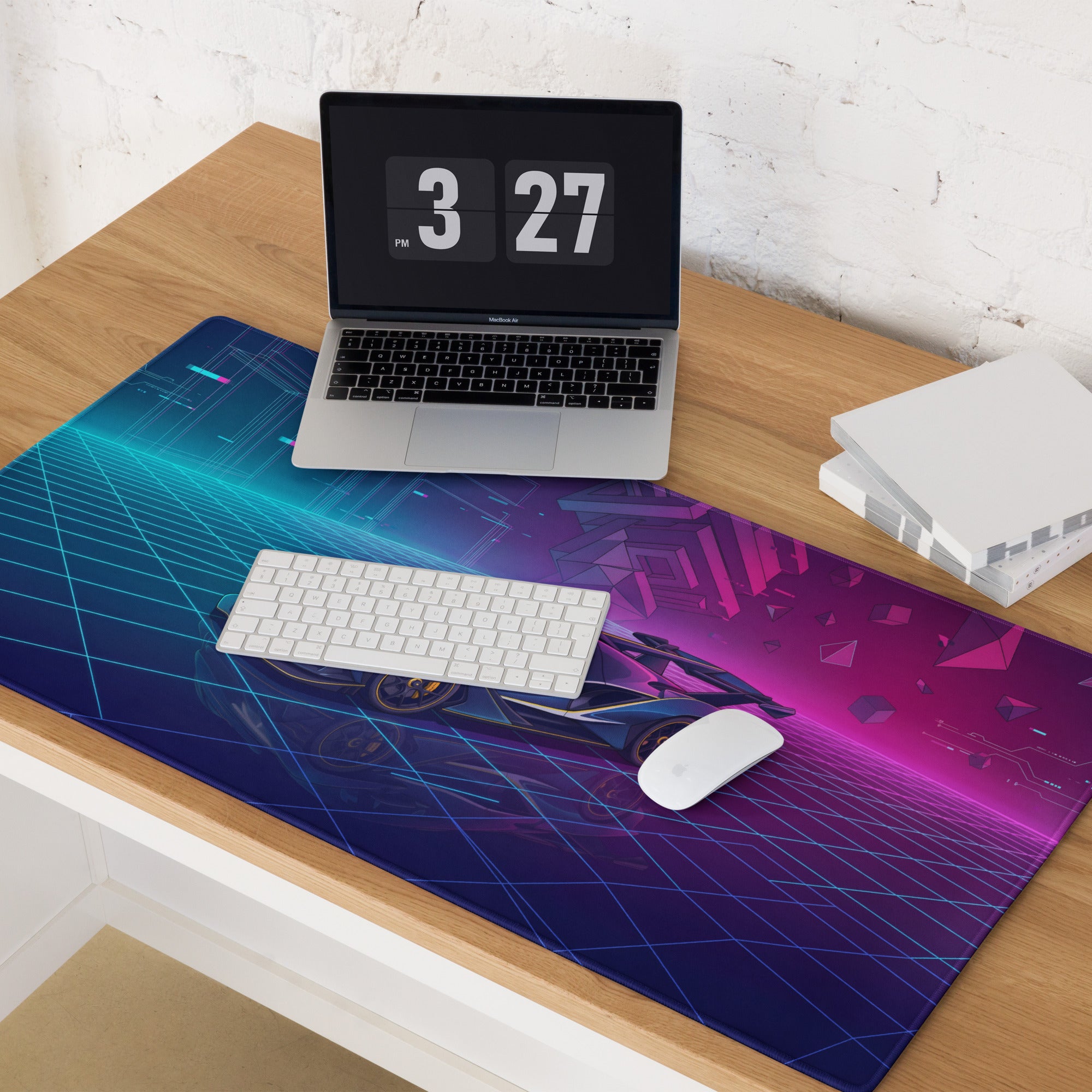 Apollo Intensa Emozione Inspired Blue Magenta Vaporwave Gaming Mouse Pad – Neon Cyberpunk Grid Desk Mat with Futuristic Geometric Hypercar Art