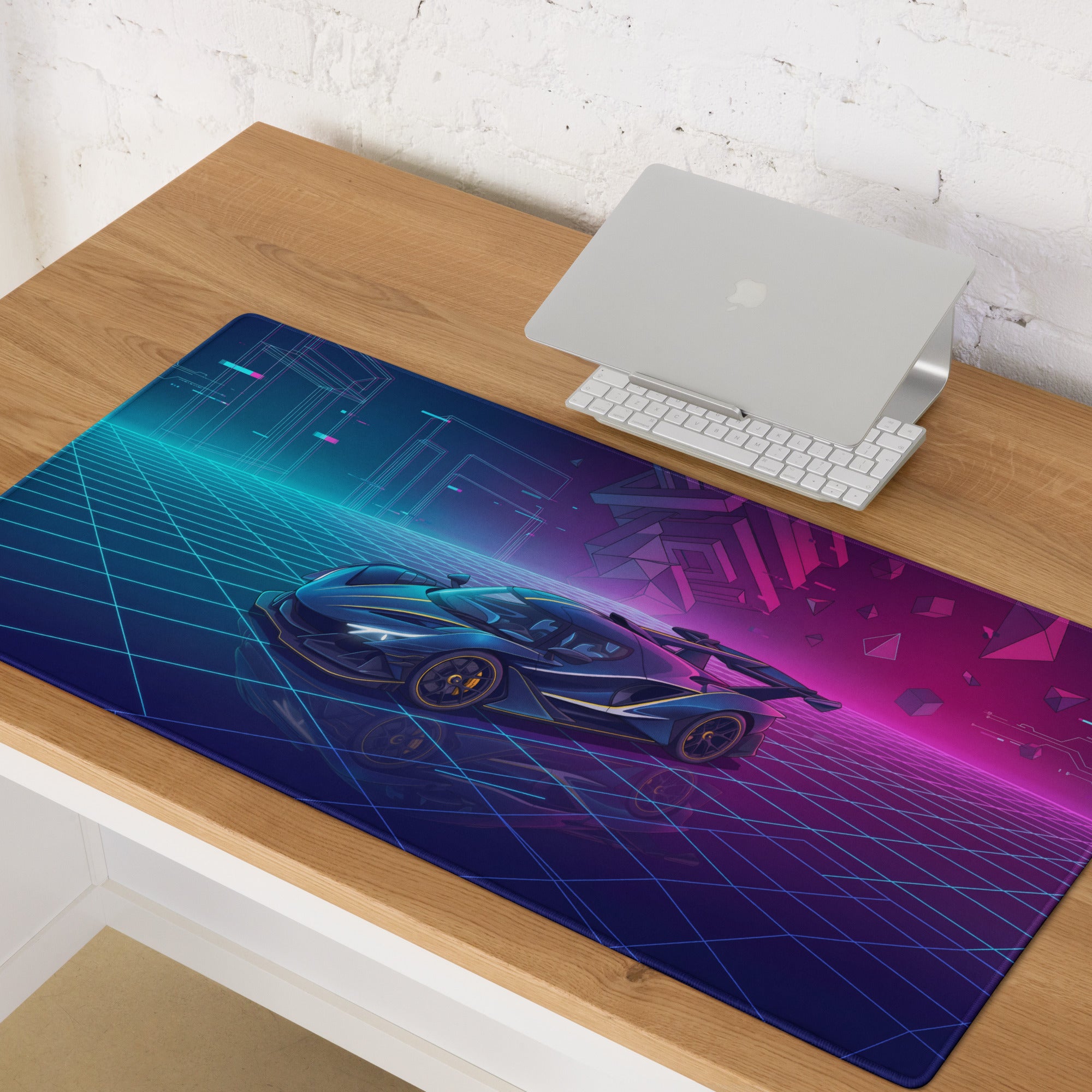 Apollo Intensa Emozione Inspired Blue Magenta Vaporwave Gaming Mouse Pad – Neon Cyberpunk Grid Desk Mat with Futuristic Geometric Hypercar Art