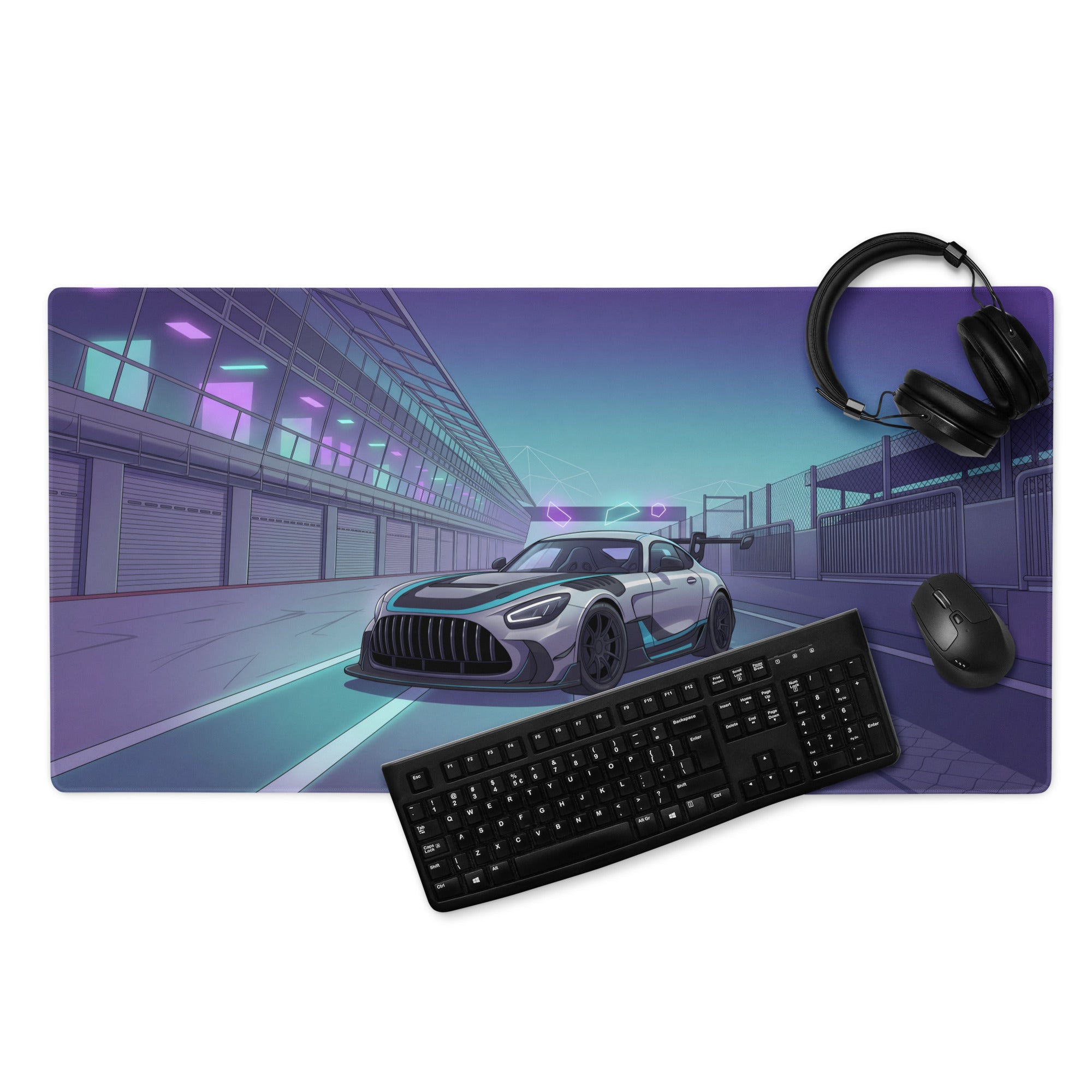 Mercedes-AMG GT3 Inspired Silver Purple Vaporwave Gaming Mouse Pad – Neon Racetrack Garage Desk Mat with Cyberpunk Lighting and Motorsport Art