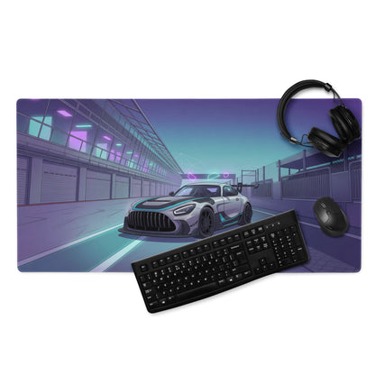 Mercedes-AMG GT3 Inspired Silver Purple Vaporwave Gaming Mouse Pad – Neon Racetrack Garage Desk Mat with Cyberpunk Lighting and Motorsport Art