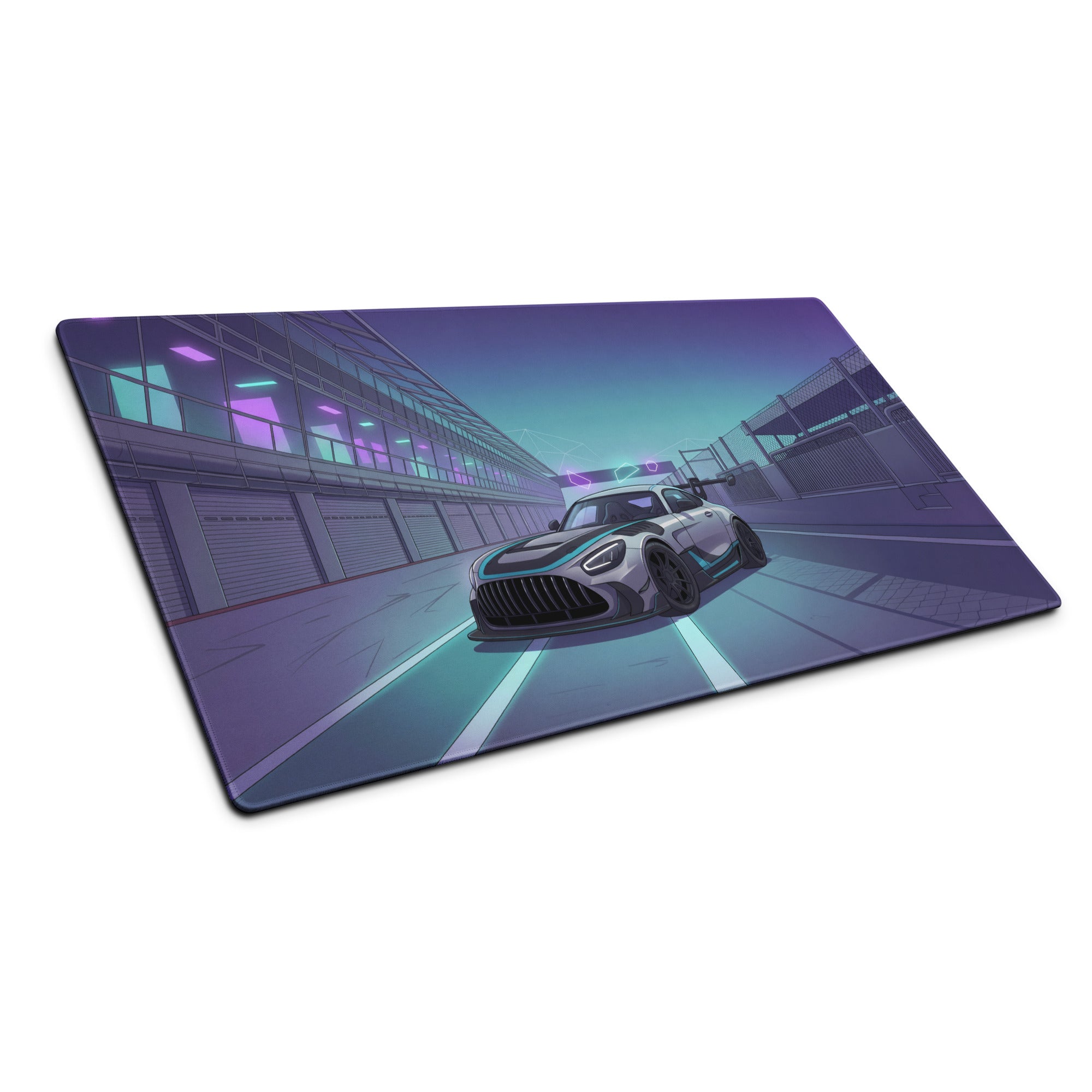Mercedes-AMG GT3 Inspired Silver Purple Vaporwave Gaming Mouse Pad – Neon Racetrack Garage Desk Mat with Cyberpunk Lighting and Motorsport Art